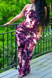 Blue Sexy Print Patchwork Halter Straight Jumpsuits