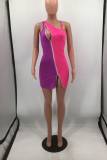 Blue Sexy Color Block Hollowed Out One Shoulder Irregular Dress Dresses