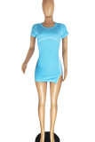 Light Blue Sexy Solid Patchwork Zipper O Neck Pencil Skirt Dresses