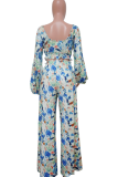 Blue Sexy Print Patchwork V Neck Long Sleeve Two Pieces