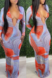 Orange Fashion Sexy Print Slit V Neck Long Sleeve Dresses