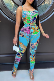 Yellow Sexy Print Hollowed Out Spaghetti Strap Sleeveless Two Pieces