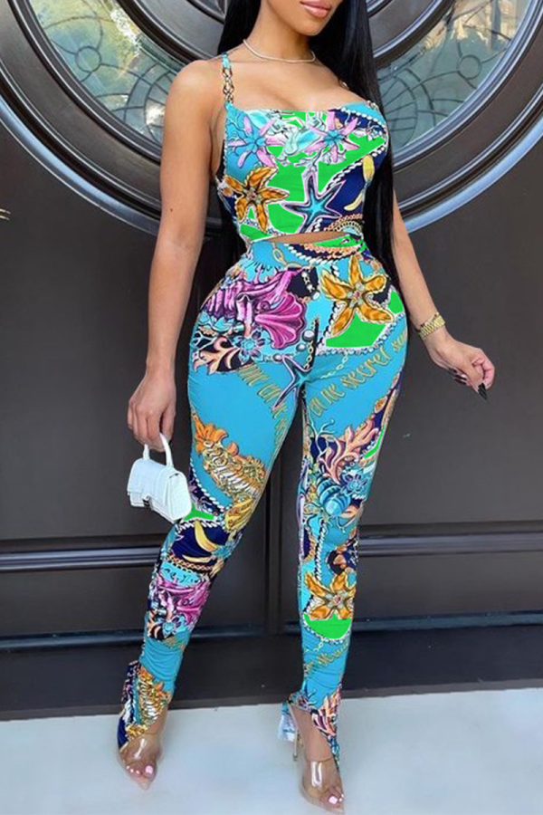 Green Sexy Print Hollowed Out Spaghetti Strap Sleeveless Two Pieces