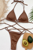 Deep Coffee Fashion Sexy Solid Hollowed Out Backless Strap Design Swimwears
