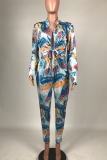 Pink Sexy Print Bandage Turndown Collar Long Sleeve Two Pieces