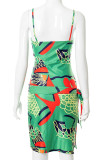 Green Sexy Print Patchwork High Opening Spaghetti Strap A Line Dresses
