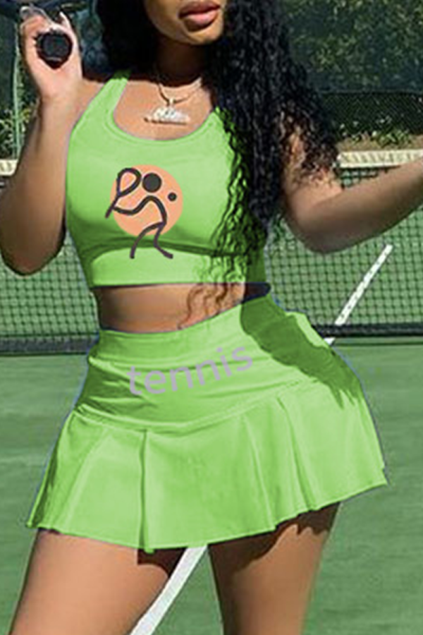Fluorescent Green Casual Print Patchwork U Neck Sleeveless Two Pieces