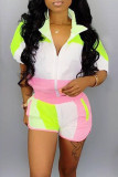 Pink Sportswear Color Lump Print Patchwork Turndown Collar Short Sleeve Two Pieces