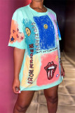 Light Blue Fashion Casual Print Basic O Neck T-Shirts