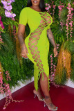 Green Fashion Sexy Solid Bandage Hollowed Out O Neck Short Sleeve Dress