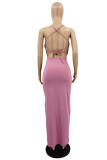 Pink Fashion Sexy Solid Backless Slit Spaghetti Strap Long Dress