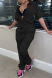 Pink Fashion Casual Solid Basic Turndown Collar Regular Jumpsuits
