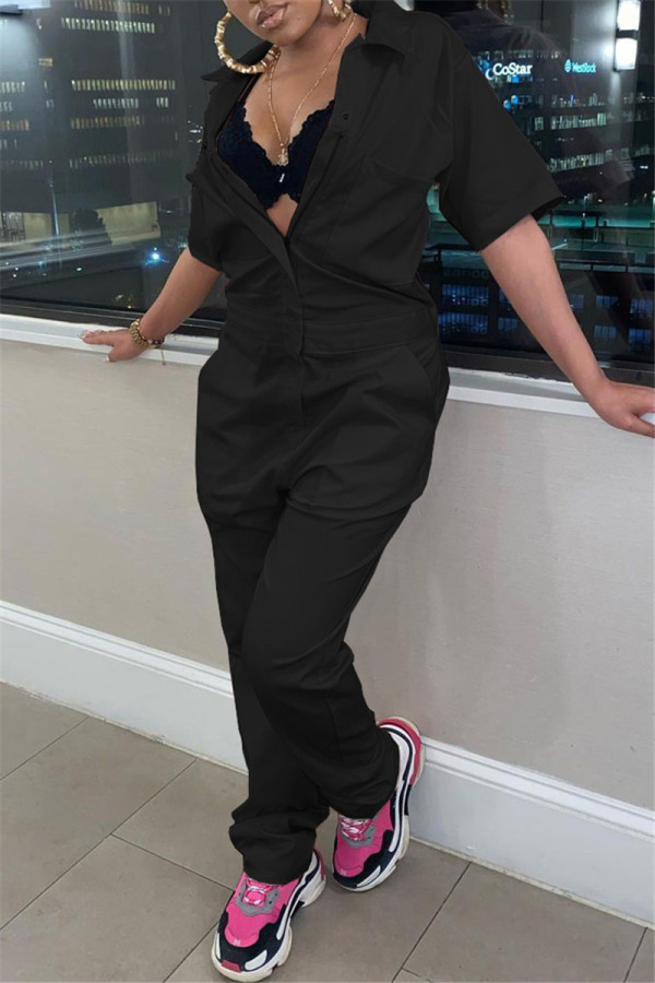 Black Fashion Casual Solid Basic Turndown Collar Regular Jumpsuits