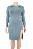 Pink Fashion Casual Solid Slit Turndown Collar Long Sleeve Dresses