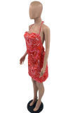 Red Sexy Print Split Joint Spaghetti Strap Pencil Skirt Plus Size Dresses