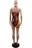 Multi-color Fashion Sexy Print Backless Halter Sleeveless Dress