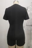 Black Fashion Casual Letter Print Basic O Neck Skinny Romper