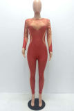 Red Sexy Solid Mesh O Neck Skinny Jumpsuits
