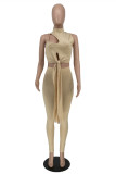 Khaki Sexy Casual Solid Hollowed Out Slit O Neck Sleeveless Two Pieces