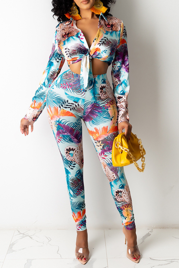 Blue Sexy Print Bandage Turndown Collar Long Sleeve Two Pieces