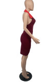 Deep Red Fashion Sexy Solid Backless Fold V Neck Sleeveless Dress