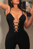 Black Sexy Solid Hollowed Out V Neck Skinny Jumpsuits
