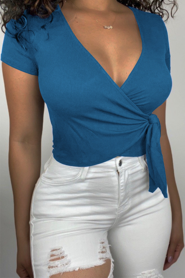 Blue Sexy Solid Bandage V Neck T-Shirts