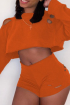 Tangerine Red Casual Solid Ripped O Neck Long Sleeve Two Pieces