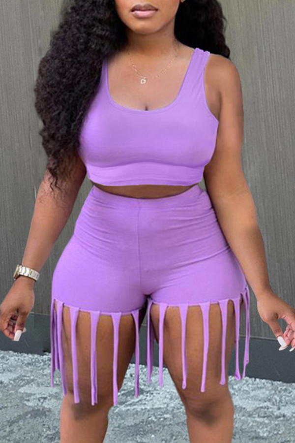 Purple Fashion Casual Solid Tassel U Neck Sleeveless Two Pieces
