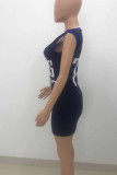 Deep Blue Casual Sportswear Letter Print Patchwork V Neck Vest Dress