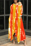 Rose Red Fashion Casual Print Basic O Neck Long Dress