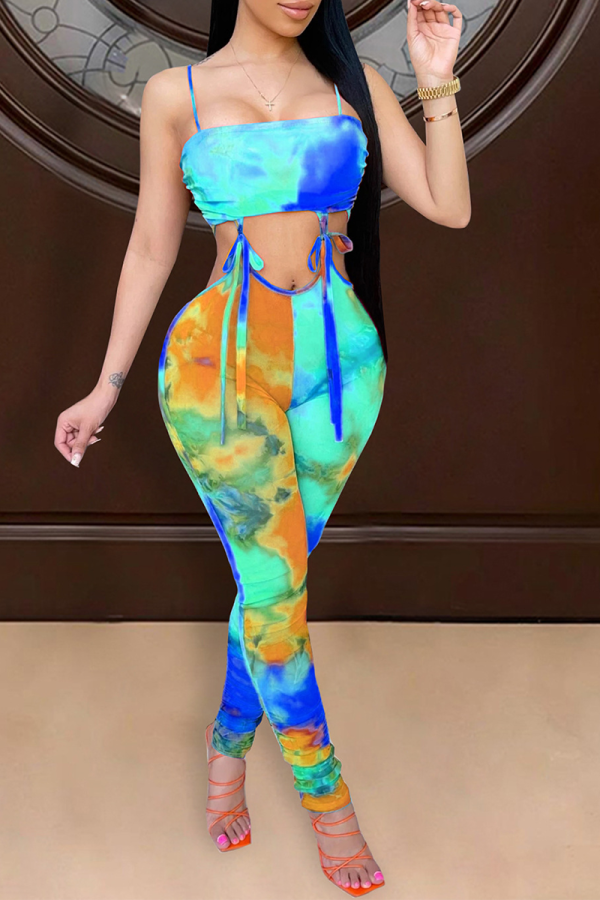 Tangerine Red Sexy Print Patchwork Spaghetti Strap Skinny Jumpsuits