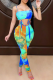 Tangerine Red Sexy Print Patchwork Spaghetti Strap Skinny Jumpsuits