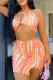 Tangerine Sexy Print Hollowed Out Patchwork Asymmetrical Halter Sleeveless Two Pieces