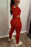 Deep Pink Casual Solid Hollowed Out Patchwork Frenulum O Neck Long Sleeve Two Pieces
