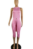Pink Casual Solid Patchwork Slit O Neck Sleeveless Two Pieces