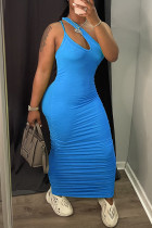 Blue Sexy Casual Solid Hollowed Out Fold One Shoulder Sleeveless Dress
