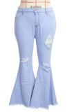Baby Blue Fashion Casual Solid Ripped Without Belt Plus Size Jeans
