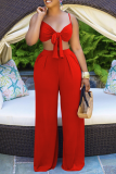Red Sexy Solid Bandage Patchwork Spaghetti Strap Sleeveless Two Pieces