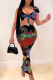 Black Sexy Print Hollowed Out Patchwork U Neck Pencil Skirt Dresses