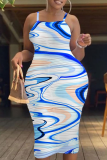 Blue Sexy Print Patchwork Spaghetti Strap Pencil Skirt Dresses