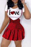 Red Casual Plaid Split Joint O Neck Short Sleeve Two Pieces