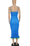 Blue Elegant Print Split Joint Spaghetti Strap Pencil Skirt Dresses