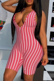 Pink Sexy Striped Patchwork V Neck Skinny Rompers