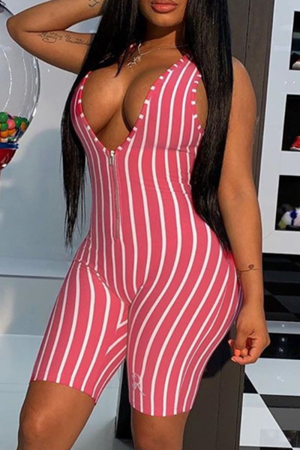 Pink Sexy Striped Patchwork V Neck Skinny Rompers