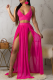Rose Red Sexy Solid Mesh Spaghetti Strap Sleeveless Two Pieces