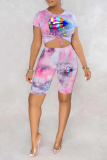 Pink Casual Patchwork Tie-dye O Neck Short Sleeve Two Pieces