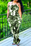 Blue Sexy Print Patchwork Halter Straight Jumpsuits