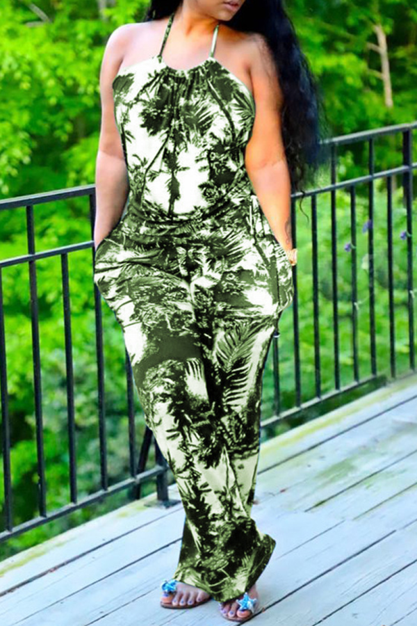 Green Sexy Print Patchwork Halter Straight Jumpsuits