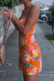 Tangerine Red Sexy Print Patchwork Spaghetti Strap Pencil Skirt Dresses